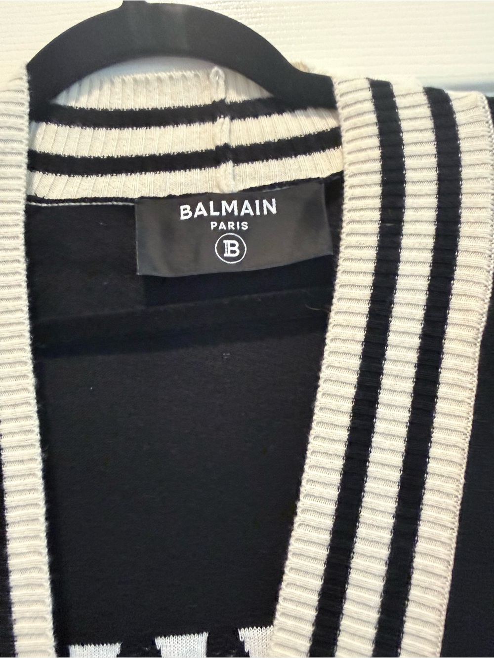 Balmain Black Cardigan with White Striped Trim and Gold Buttons - Picture 2 of 4